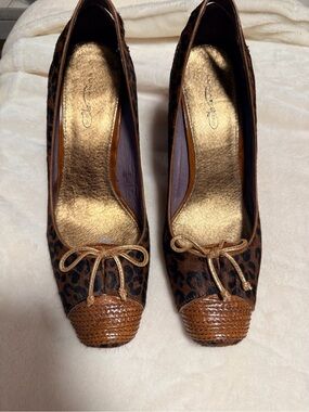 Leopard Print Ballet Heels with Brown Woven Toe
